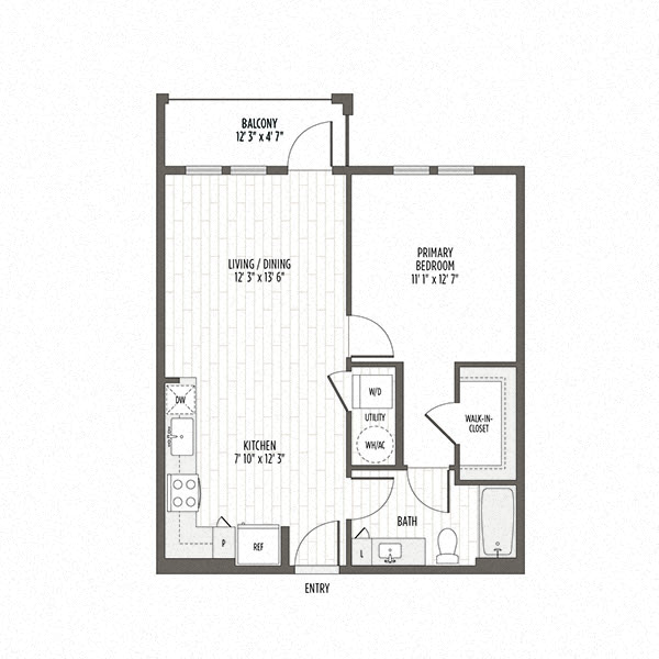 Floor plan of the A1, a one bedroom one bath at 654 SF